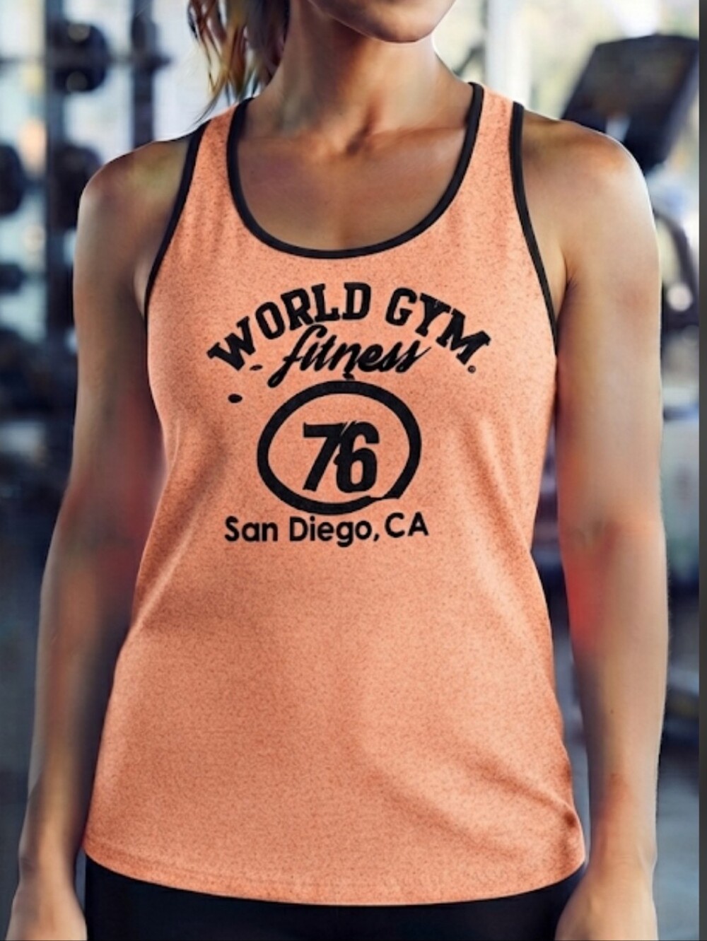 Rare World Gym Fitness San Diego 76 Tank Top NWOT Orange & Black Size Med